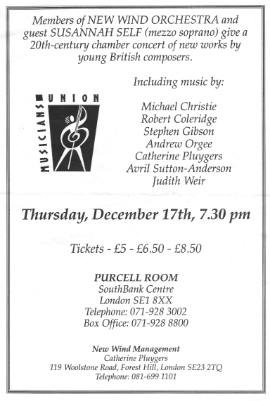 Poster for the New Winds Orchestra Concert at the Purcell Room, London 1991