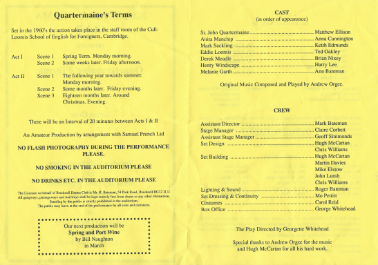 Theatre Programme from Quartermaine's Terms Production at Bracknell Drama Club 1990