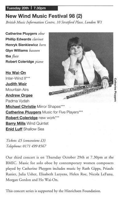 Concert Programme from New Notes Magazine for New Winds Festival at BMIC 1998 